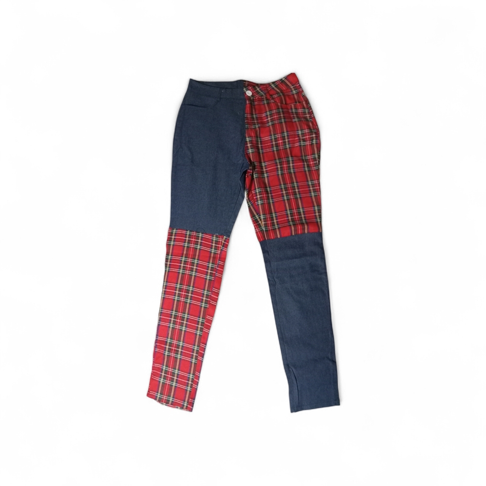 Red Plaid and Blue Patchwork Pants - image 1